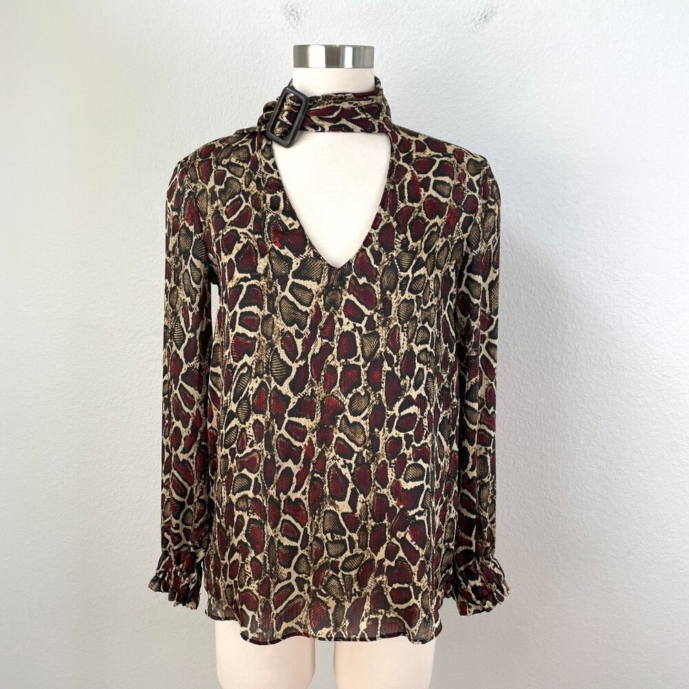 Zara Womens Small Animal Print Scarf Neck Blouse Long Sleeve Shirt Top